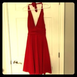 Red, eyelet lace, halter dress.
